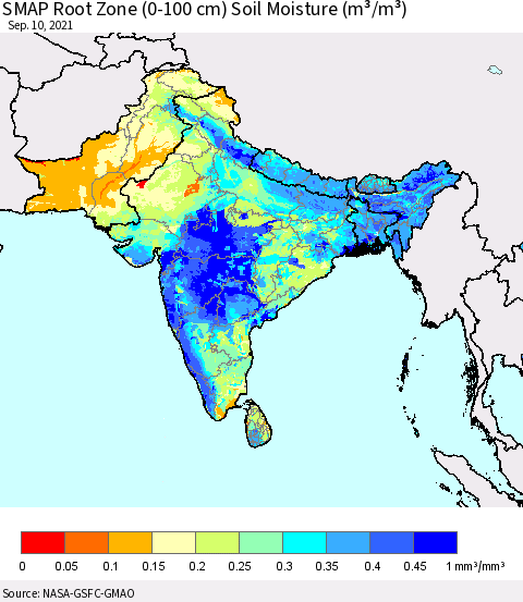 Southern Asia SMAP Root Zone (0-100 cm) Soil Moisture (m³/m³) Thematic Map For 9/6/2021 - 9/10/2021