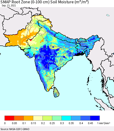 Southern Asia SMAP Root Zone (0-100 cm) Soil Moisture (m³/m³) Thematic Map For 9/11/2021 - 9/15/2021