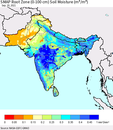 Southern Asia SMAP Root Zone (0-100 cm) Soil Moisture (m³/m³) Thematic Map For 9/16/2021 - 9/20/2021