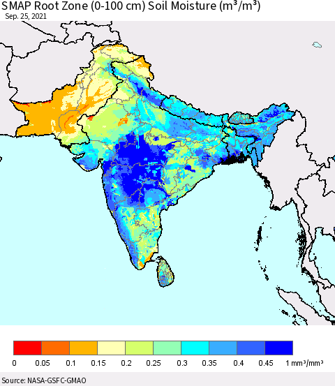 Southern Asia SMAP Root Zone (0-100 cm) Soil Moisture (m³/m³) Thematic Map For 9/21/2021 - 9/25/2021
