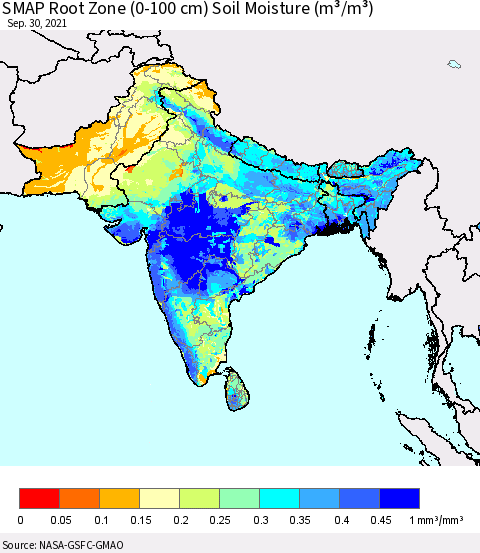 Southern Asia SMAP Root Zone (0-100 cm) Soil Moisture (m³/m³) Thematic Map For 9/26/2021 - 9/30/2021