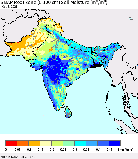 Southern Asia SMAP Root Zone (0-100 cm) Soil Moisture (m³/m³) Thematic Map For 10/1/2021 - 10/5/2021