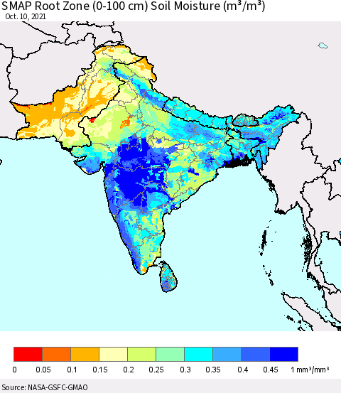 Southern Asia SMAP Root Zone (0-100 cm) Soil Moisture (m³/m³) Thematic Map For 10/6/2021 - 10/10/2021