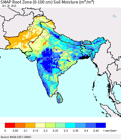 Southern Asia SMAP Root Zone (0-100 cm) Soil Moisture (m³/m³) Thematic Map For 10/16/2021 - 10/20/2021