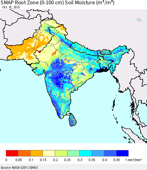 Southern Asia SMAP Root Zone (0-100 cm) Soil Moisture (m³/m³) Thematic Map For 10/26/2021 - 10/31/2021