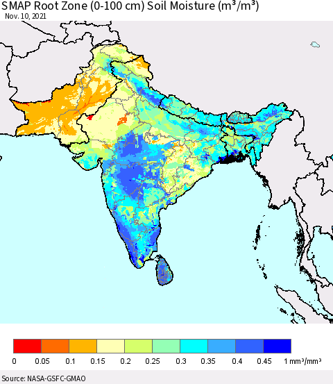 Southern Asia SMAP Root Zone (0-100 cm) Soil Moisture (m³/m³) Thematic Map For 11/6/2021 - 11/10/2021