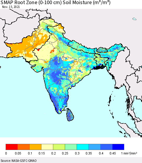 Southern Asia SMAP Root Zone (0-100 cm) Soil Moisture (m³/m³) Thematic Map For 11/11/2021 - 11/15/2021