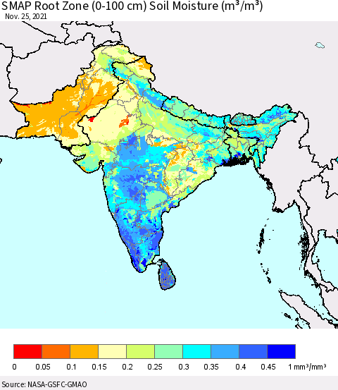 Southern Asia SMAP Root Zone (0-100 cm) Soil Moisture (m³/m³) Thematic Map For 11/21/2021 - 11/25/2021