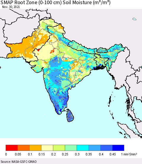Southern Asia SMAP Root Zone (0-100 cm) Soil Moisture (m³/m³) Thematic Map For 11/26/2021 - 11/30/2021