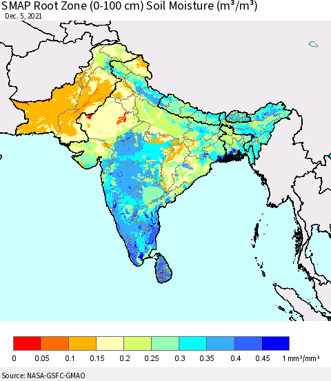 Southern Asia SMAP Root Zone (0-100 cm) Soil Moisture (m³/m³) Thematic Map For 12/1/2021 - 12/5/2021