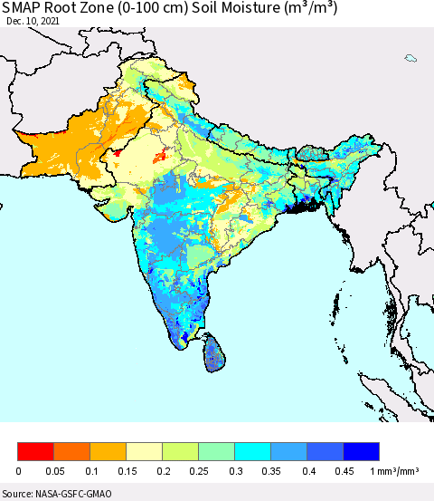Southern Asia SMAP Root Zone (0-100 cm) Soil Moisture (m³/m³) Thematic Map For 12/6/2021 - 12/10/2021