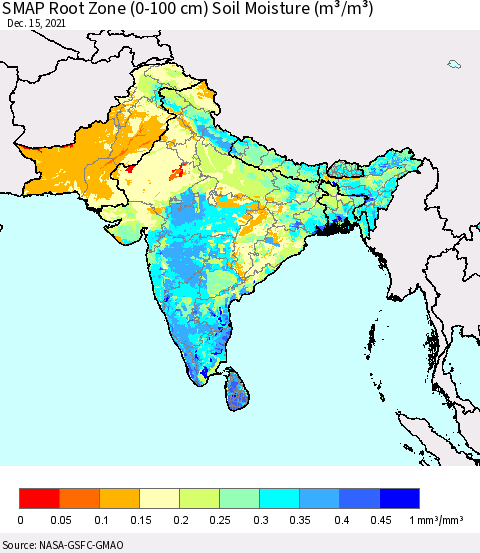 Southern Asia SMAP Root Zone (0-100 cm) Soil Moisture (m³/m³) Thematic Map For 12/11/2021 - 12/15/2021
