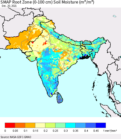 Southern Asia SMAP Root Zone (0-100 cm) Soil Moisture (m³/m³) Thematic Map For 12/16/2021 - 12/20/2021