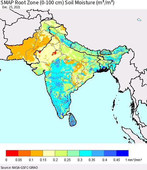 Southern Asia SMAP Root Zone (0-100 cm) Soil Moisture (m³/m³) Thematic Map For 12/21/2021 - 12/25/2021