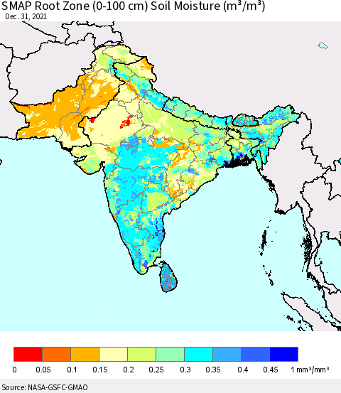 Southern Asia SMAP Root Zone (0-100 cm) Soil Moisture (m³/m³) Thematic Map For 12/26/2021 - 12/31/2021