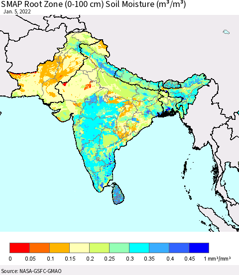 Southern Asia SMAP Root Zone (0-100 cm) Soil Moisture (m³/m³) Thematic Map For 1/1/2022 - 1/5/2022