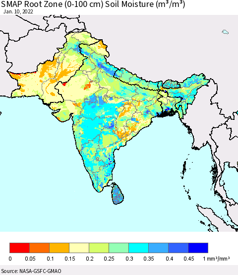 Southern Asia SMAP Root Zone (0-100 cm) Soil Moisture (m³/m³) Thematic Map For 1/6/2022 - 1/10/2022