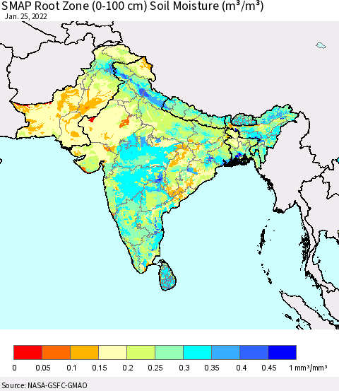 Southern Asia SMAP Root Zone (0-100 cm) Soil Moisture (m³/m³) Thematic Map For 1/21/2022 - 1/25/2022