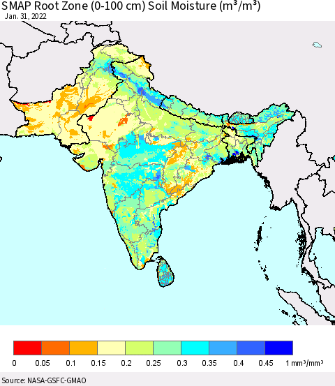 Southern Asia SMAP Root Zone (0-100 cm) Soil Moisture (m³/m³) Thematic Map For 1/26/2022 - 1/31/2022