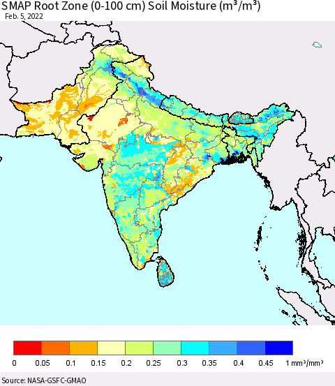 Southern Asia SMAP Root Zone (0-100 cm) Soil Moisture (m³/m³) Thematic Map For 2/1/2022 - 2/5/2022