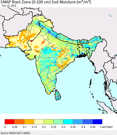 Southern Asia SMAP Root Zone (0-100 cm) Soil Moisture (m³/m³) Thematic Map For 2/6/2022 - 2/10/2022