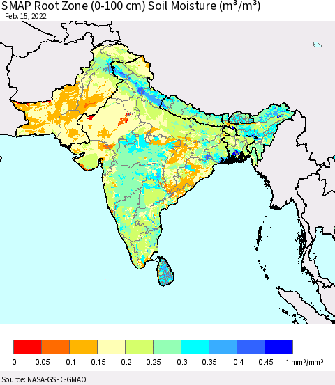 Southern Asia SMAP Root Zone (0-100 cm) Soil Moisture (m³/m³) Thematic Map For 2/11/2022 - 2/15/2022