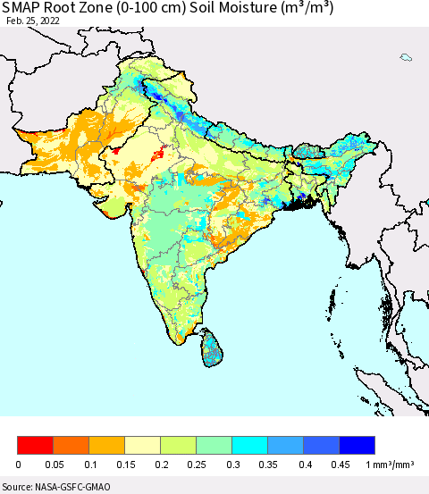 Southern Asia SMAP Root Zone (0-100 cm) Soil Moisture (m³/m³) Thematic Map For 2/21/2022 - 2/25/2022