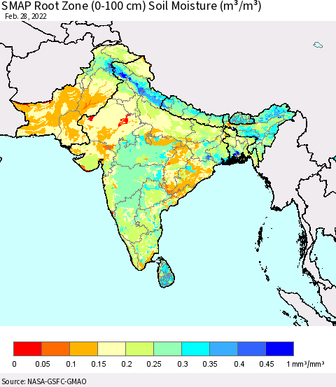 Southern Asia SMAP Root Zone (0-100 cm) Soil Moisture (m³/m³) Thematic Map For 2/26/2022 - 2/28/2022