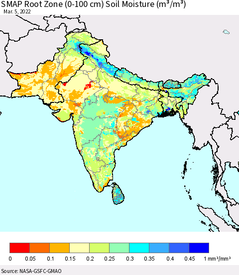 Southern Asia SMAP Root Zone (0-100 cm) Soil Moisture (m³/m³) Thematic Map For 3/1/2022 - 3/5/2022