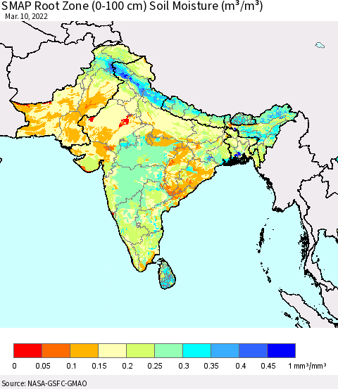 Southern Asia SMAP Root Zone (0-100 cm) Soil Moisture (m³/m³) Thematic Map For 3/6/2022 - 3/10/2022