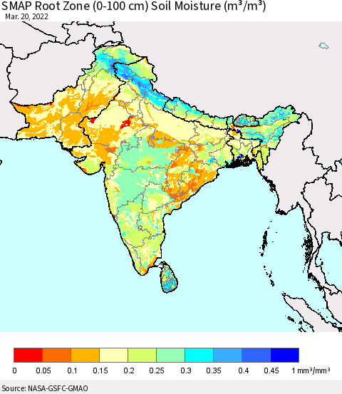 Southern Asia SMAP Root Zone (0-100 cm) Soil Moisture (m³/m³) Thematic Map For 3/16/2022 - 3/20/2022