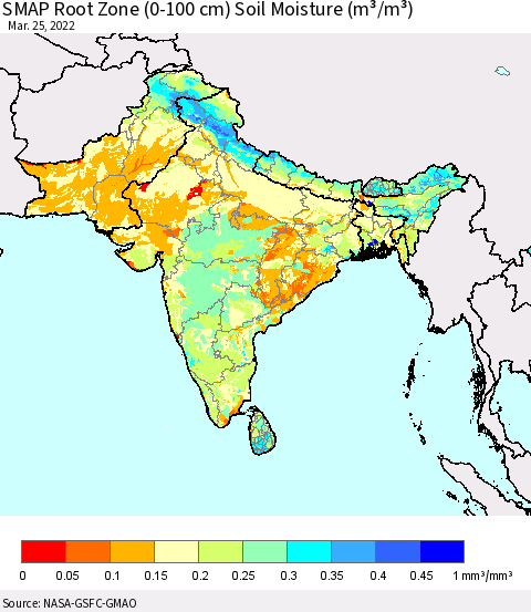 Southern Asia SMAP Root Zone (0-100 cm) Soil Moisture (m³/m³) Thematic Map For 3/21/2022 - 3/25/2022