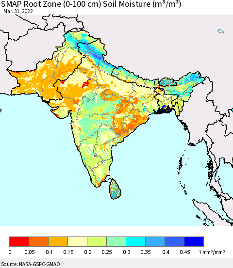 Southern Asia SMAP Root Zone (0-100 cm) Soil Moisture (m³/m³) Thematic Map For 3/26/2022 - 3/31/2022