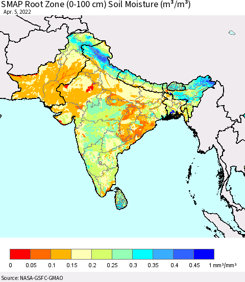 Southern Asia SMAP Root Zone (0-100 cm) Soil Moisture (m³/m³) Thematic Map For 4/1/2022 - 4/5/2022