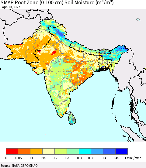 Southern Asia SMAP Root Zone (0-100 cm) Soil Moisture (m³/m³) Thematic Map For 4/6/2022 - 4/10/2022