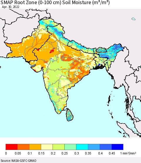 Southern Asia SMAP Root Zone (0-100 cm) Soil Moisture (m³/m³) Thematic Map For 4/26/2022 - 4/30/2022