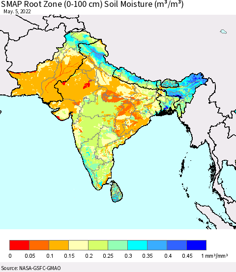 Southern Asia SMAP Root Zone (0-100 cm) Soil Moisture (m³/m³) Thematic Map For 5/1/2022 - 5/5/2022