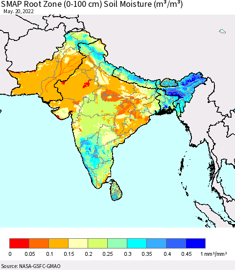 Southern Asia SMAP Root Zone (0-100 cm) Soil Moisture (m³/m³) Thematic Map For 5/16/2022 - 5/20/2022