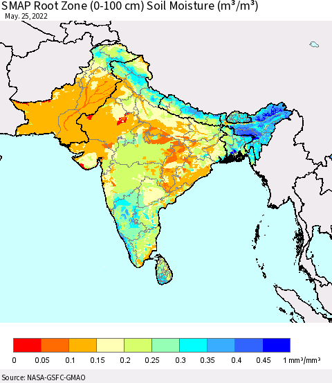 Southern Asia SMAP Root Zone (0-100 cm) Soil Moisture (m³/m³) Thematic Map For 5/21/2022 - 5/25/2022