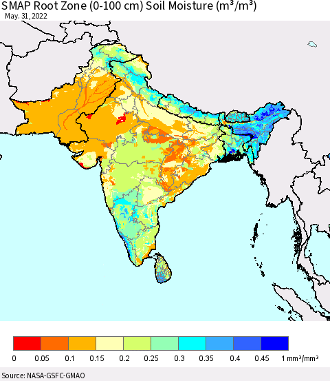 Southern Asia SMAP Root Zone (0-100 cm) Soil Moisture (m³/m³) Thematic Map For 5/26/2022 - 5/31/2022