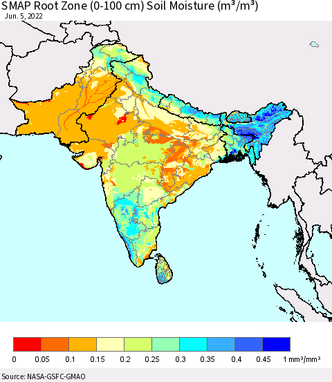 Southern Asia SMAP Root Zone (0-100 cm) Soil Moisture (m³/m³) Thematic Map For 6/1/2022 - 6/5/2022