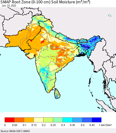 Southern Asia SMAP Root Zone (0-100 cm) Soil Moisture (m³/m³) Thematic Map For 6/6/2022 - 6/10/2022