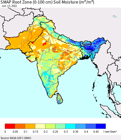 Southern Asia SMAP Root Zone (0-100 cm) Soil Moisture (m³/m³) Thematic Map For 6/11/2022 - 6/15/2022
