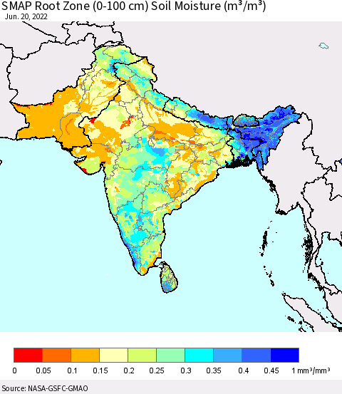 Southern Asia SMAP Root Zone (0-100 cm) Soil Moisture (m³/m³) Thematic Map For 6/16/2022 - 6/20/2022
