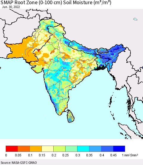 Southern Asia SMAP Root Zone (0-100 cm) Soil Moisture (m³/m³) Thematic Map For 6/26/2022 - 6/30/2022
