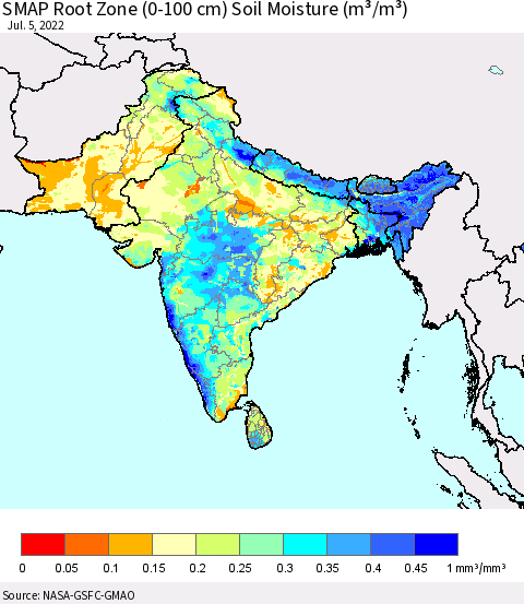 Southern Asia SMAP Root Zone (0-100 cm) Soil Moisture (m³/m³) Thematic Map For 7/1/2022 - 7/5/2022
