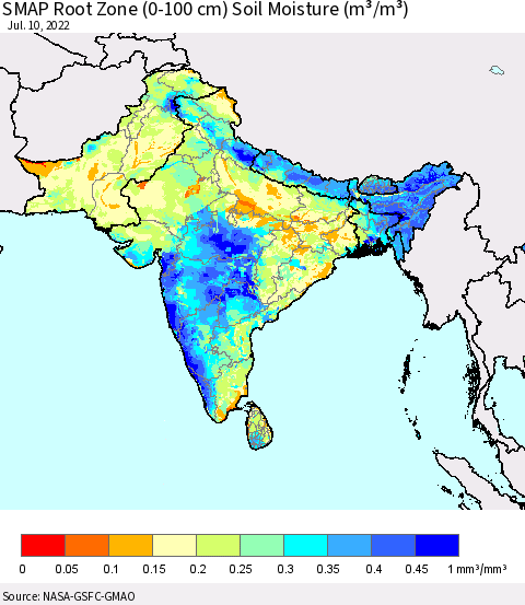 Southern Asia SMAP Root Zone (0-100 cm) Soil Moisture (m³/m³) Thematic Map For 7/6/2022 - 7/10/2022