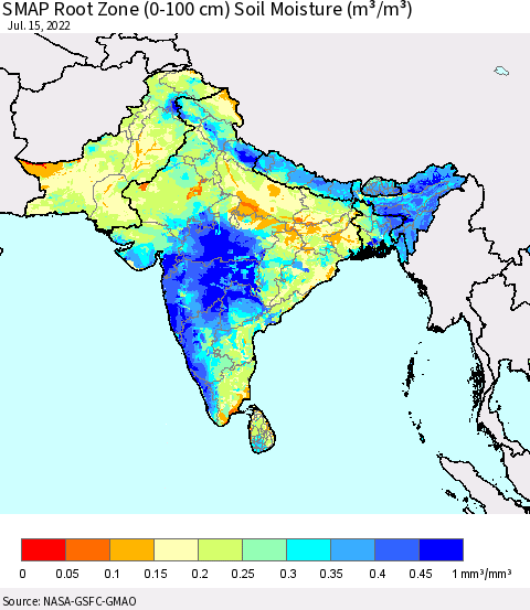 Southern Asia SMAP Root Zone (0-100 cm) Soil Moisture (m³/m³) Thematic Map For 7/11/2022 - 7/15/2022