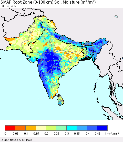 Southern Asia SMAP Root Zone (0-100 cm) Soil Moisture (m³/m³) Thematic Map For 7/16/2022 - 7/20/2022
