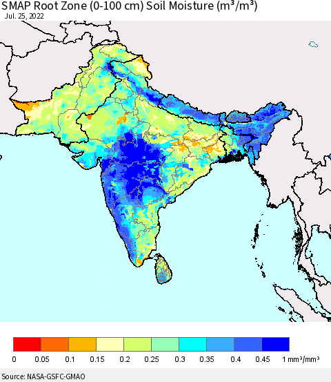 Southern Asia SMAP Root Zone (0-100 cm) Soil Moisture (m³/m³) Thematic Map For 7/21/2022 - 7/25/2022